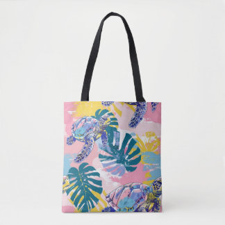 Sea Turtles Tropical Leaves Tote Bag