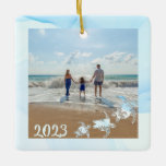 Sea Turtles Vacation Beach Photo Ceramic Ornament<br><div class="desc">Watercolor abstract and sea turtle design photo ornament is perfect for beach holiday,  honeymoon and vacation photos.  Personalise with name,  date and location.</div>