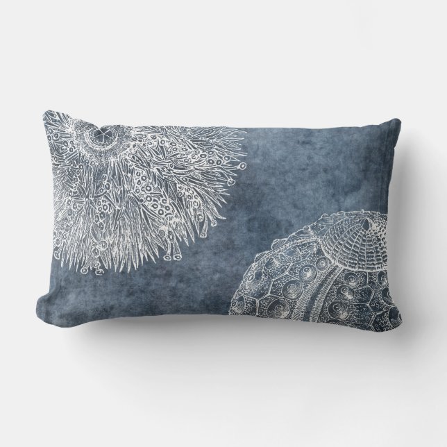 Sea Urchin Watercolor Ocean Navy Blue White Lumbar Cushion (Front)