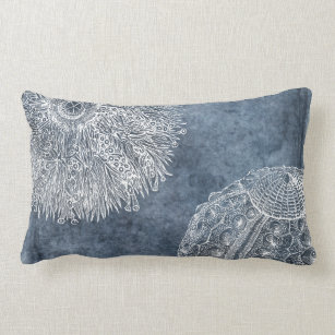 Sea Urchin Watercolor Ocean Navy Blue White Lumbar Cushion