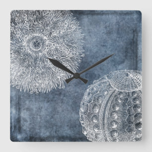 Sea Urchin Watercolor Ocean Navy Blue White Square Wall Clock