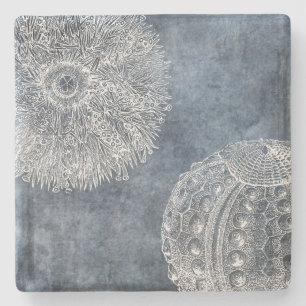 Sea Urchin Watercolor Ocean Navy Blue White Stone Coaster