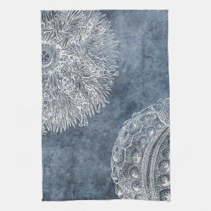 Sea Urchin Watercolor Ocean Navy Blue White Tea Towel