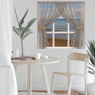 Sea View Window With Lace Curtains Poster