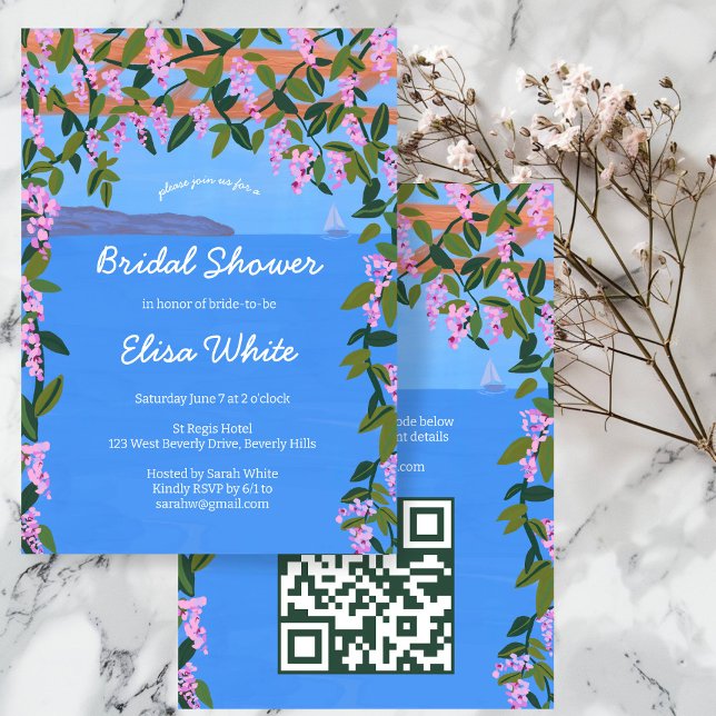 Sea View Wisteria Elegant Bridal Shower CUSTOM QR  Invitation (Sea View Wisteria Vines Floral Sailboat Elegant Bridal Shower CUSTOM QR Code Party Invitation
)