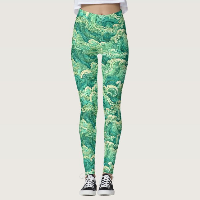 Sea Wave Aqua Print Leggings (Front)