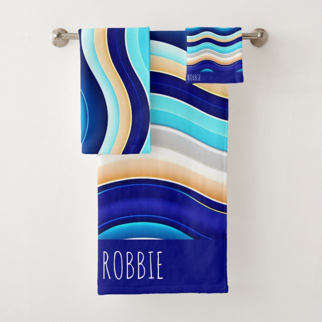 Sea Wave Soft Watercolor Abstract Pattern Bath Towel Set (Insitu)