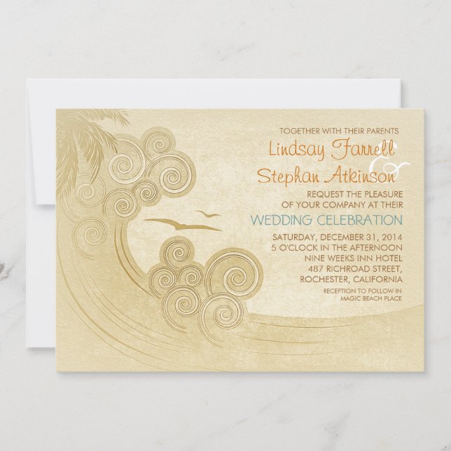 Sea waves beach wedding invitations vintage (Front)
