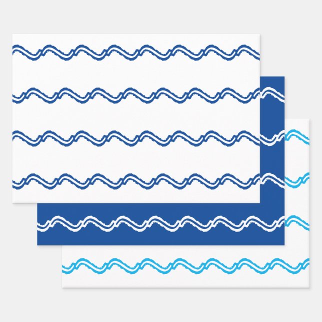 Sea waves blue white nautical pattern 3 gift wrapping paper sheet (Set)