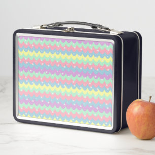 Sea Waves Pastel Colour Rainbow Silver Stars Girly Metal Lunch Box