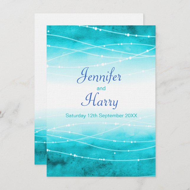 Sea waves wash sparkling seas aqua blue wedding invitation (Front/Back)