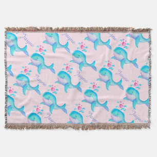 Sea whale watercolor art pink named pattern throw