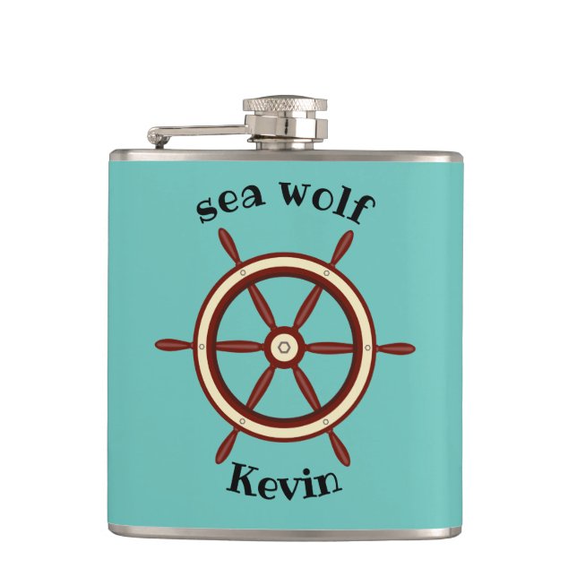 "SEA WOLF" ,steering wheel, personalised Hip Flask (Front)