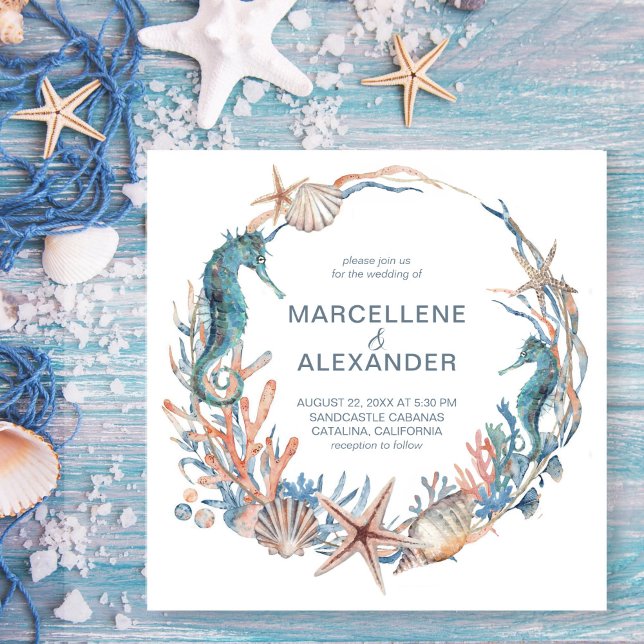 Sea Wreath | Seahorse and Shells Beach Wedding Invitation (Creator Uploaded)