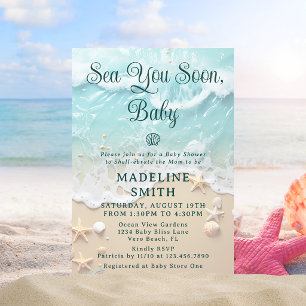 Sea You Soon Baby Blue Tan Ocean Beach Baby Shower Invitation