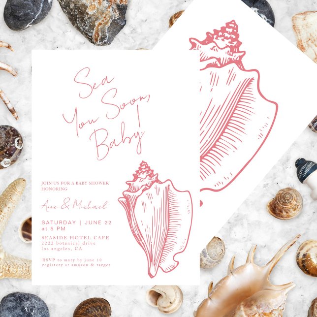 Sea You Soon Baby Chic Pink Seashell Baby Shower Invitation (Creator Uploaded)