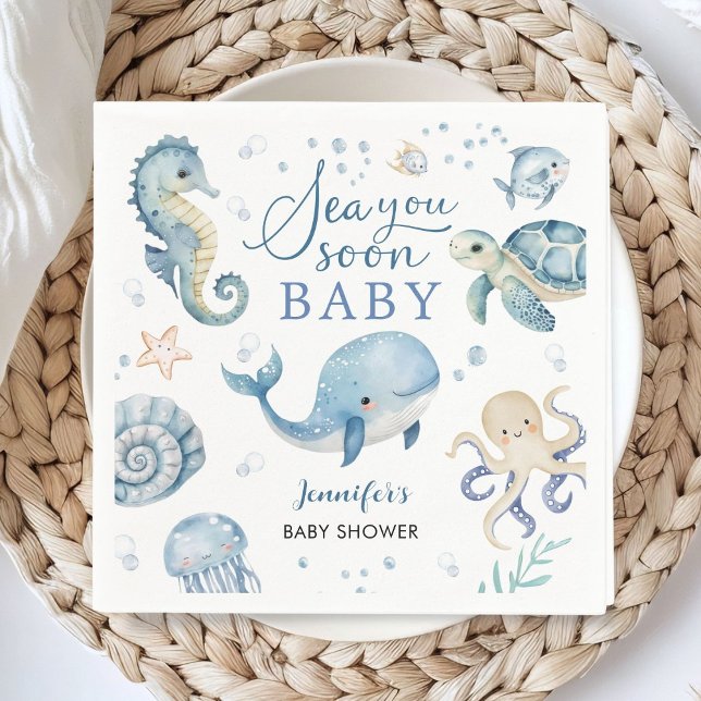 Sea You Soon Baby Shower Boy Blue Ocean Paper Napkin (Creator Uploaded)