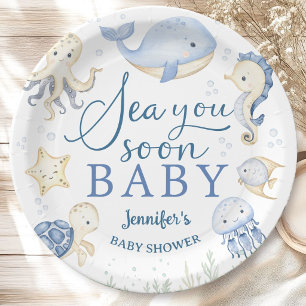 Sea You Soon Baby Shower Boy Blue Ocean Paper Plate