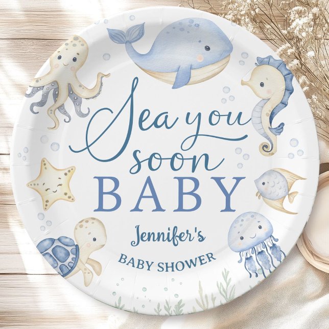 Sea You Soon Baby Shower Boy Blue Ocean Paper Plate (Creator Uploaded)
