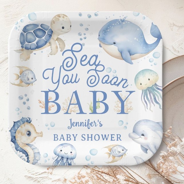 Sea You Soon Baby Shower Boy Blue Ocean Paper Plate (Creator Uploaded)