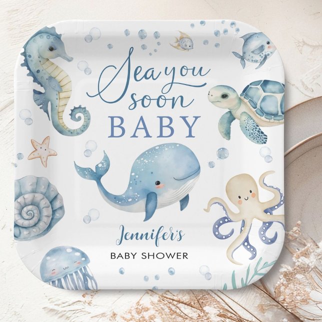 Sea You Soon Baby Shower Boy Blue Ocean Paper Plate (Creator Uploaded)