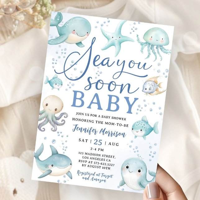 Sea You Soon Baby Shower Boy Dusty Blue Ocean Invitation (Creator Uploaded)