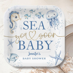 Sea You Soon Baby Shower Boy Navy Blue Ocean Paper Plate