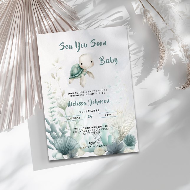 Sea You Soon Baby Shower Gender Neutral Invitation (Sea You Soon Undersea Turtle Baby Shower Invitation.)