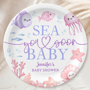 Sea You Soon Baby Shower Girl Pink Ocean Animals Paper Plate