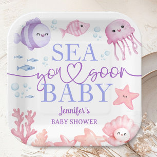 Sea You Soon Baby Shower Girl Pink Ocean Animals Paper Plate