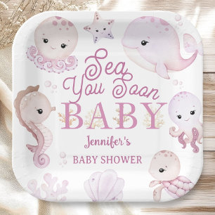 Sea You Soon Baby Shower Girl Pink Ocean Paper Plate