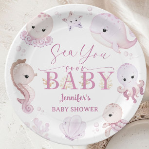 Sea You Soon Baby Shower Pink Ocean Paper Plate