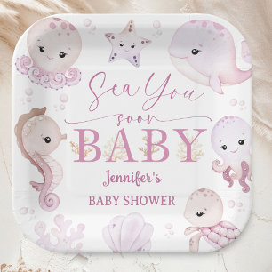 Sea You Soon Baby Shower Pink Ocean Paper Plate