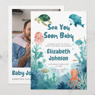 Sea You Soon Baby Shower Watercolor QR Code Photo Invitation