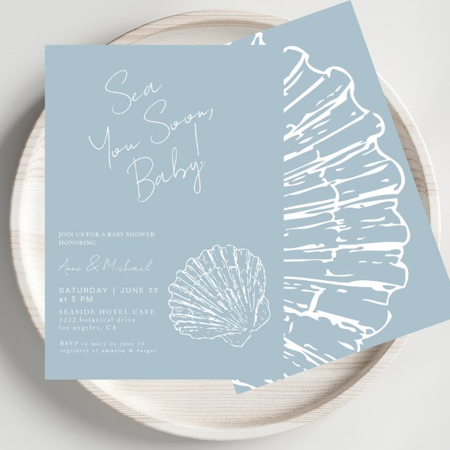 Sea You Soon Blue Scallop Shell  Boy Baby Shower Invitation (Creator Uploaded)