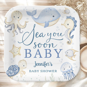 Sea You Soon Boy Baby Shower Blue Ocean Paper Plate