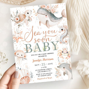 Sea You Soon Boy Baby Shower Pink Floral Ocean Invitation