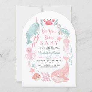 Sea You Soon Cute Ocean Animals Girl Baby Shower Invitation