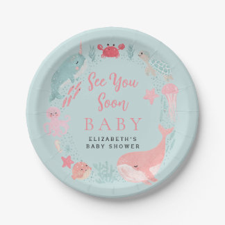 Sea You Soon Cute Ocean Animals Girl Baby Shower Paper Plate