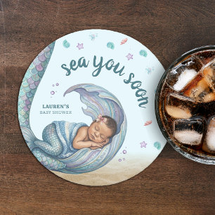 Sea You Soon Mermaid Baby Shower Round Paper Coaster