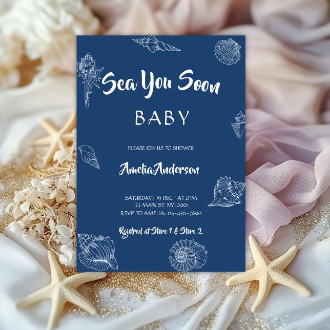 Sea You Soon Navy Seashell Nautical Baby Shower Invitation (Creator Uploaded)