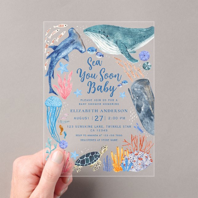 Sea You Soon Ocean Animals Boy Baby Shower Invitat Acrylic Invitations (Insitu (Handheld))
