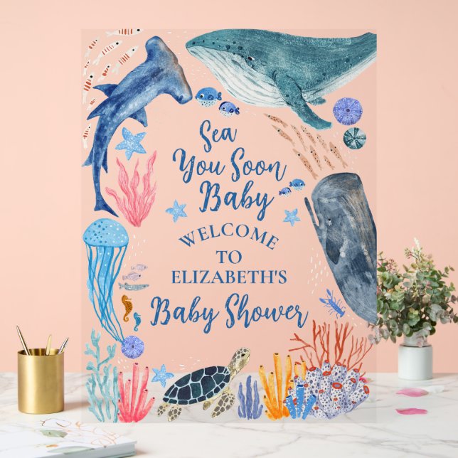 Sea You Soon Ocean Animals Boy Baby Shower Invitat Acrylic Sign (Wedding)