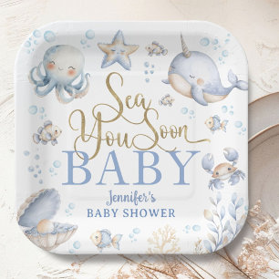 Sea You Soon Ocean Baby Shower Boy Blue  Paper Plate
