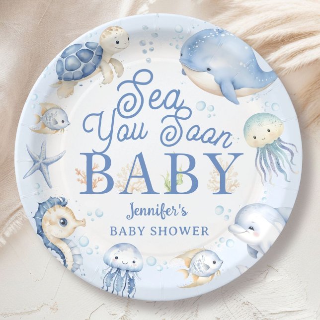 Sea You Soon Ocean Baby Shower Boy Blue  Paper Plate (Creator Uploaded)