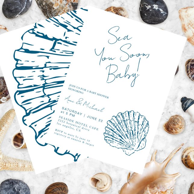 Sea You Soon Ocean Blue Scallop Baby Boy Shower Invitation (Creator Uploaded)