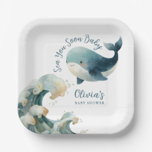 Sea You Soon Ocean Whale Teal White Baby Shower Paper Plate
