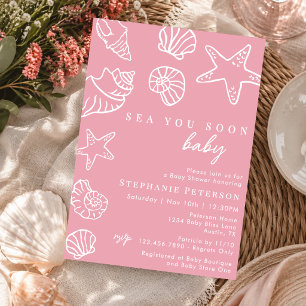 Sea You Soon Pink Coastal Beach Girl Baby Shower Invitation