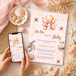 Sea You Soon pink girl Baby Shower Invitation
