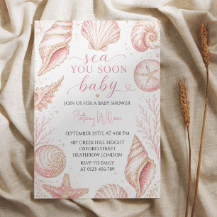 Sea You Soon Pink Seashells Baby Shower Invitation